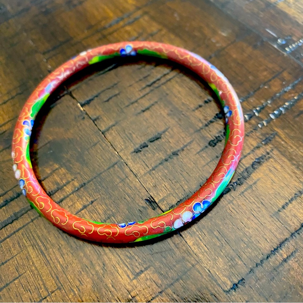 Vintage Cloisonné Enamel Hand Painted Small Bangle Bracelet Red/Flowers